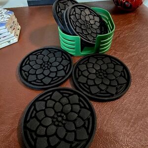 Black Floral Coasters with Green Holder
